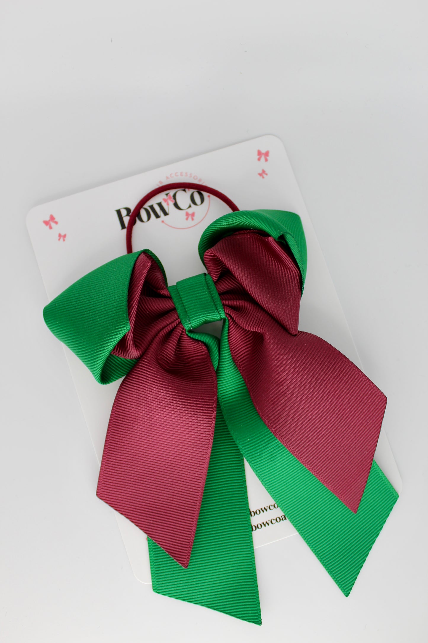 Layer Loop Tail Hair Bow - Elastic - Forest Green and Burgundy