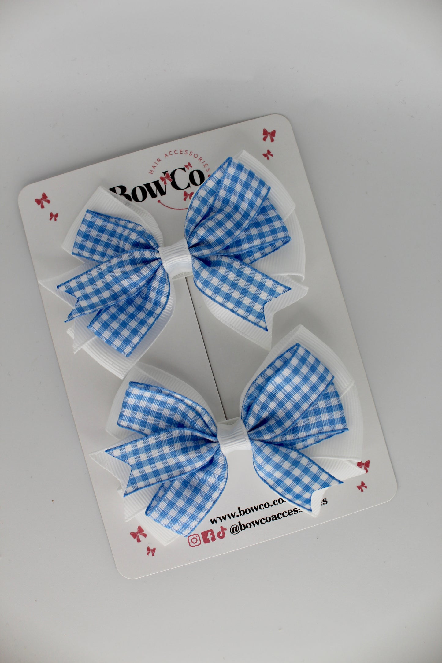 Double Tail Bow Set - Light Blue Gingham - Clip