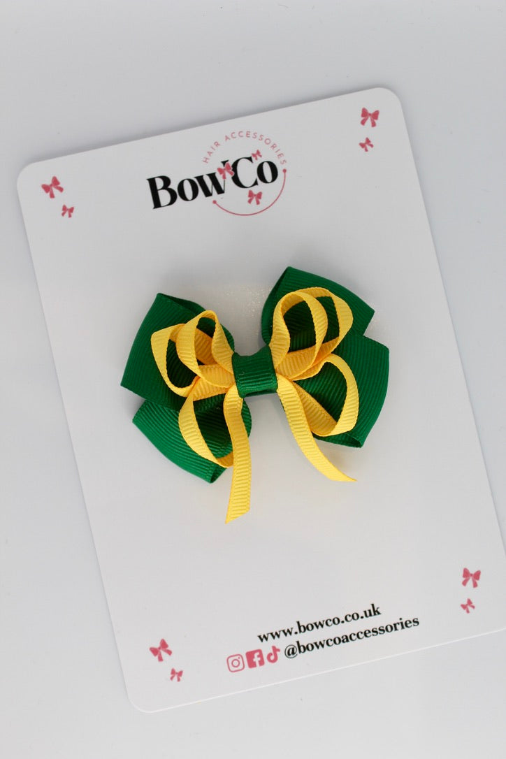 2.5 Inch Double Bow Clip - Forest Green and Yellow Gold