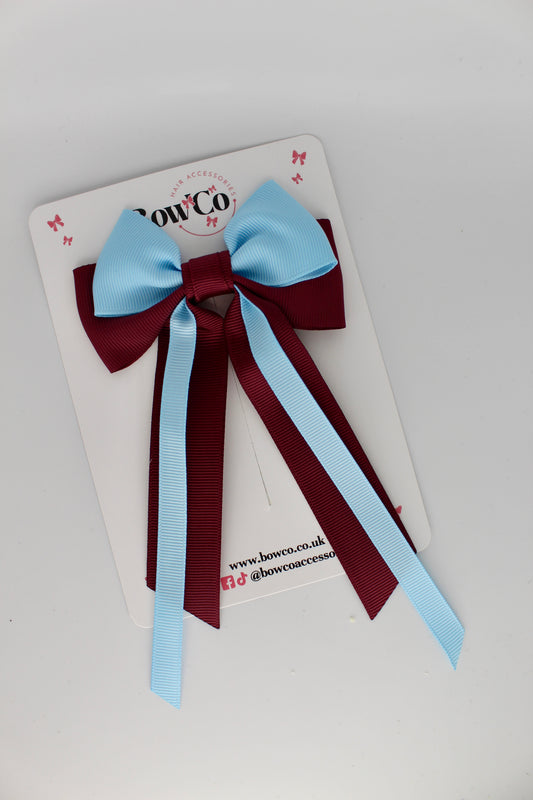 Streamer Tail Bow - Clip - Burgundy and Blue Topaz