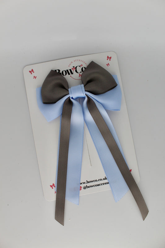 Streamer Tail Bow - Clip - Bluebell and Metal Grey