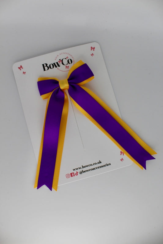 Tuxedo Tails School Hair Bow – Clip - Purple and Yellow Gold