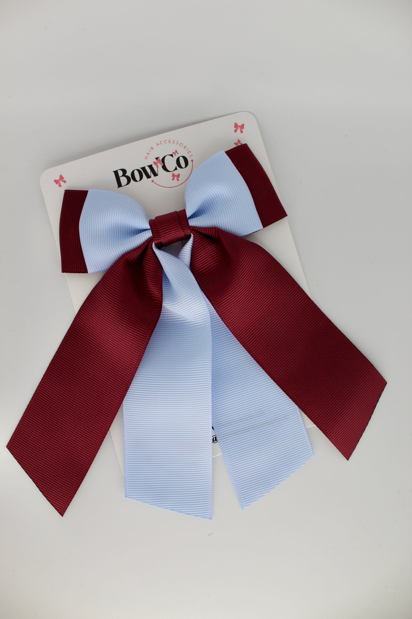 Double Layer Tail Bow - Clip - Burgundy and Bluebell
