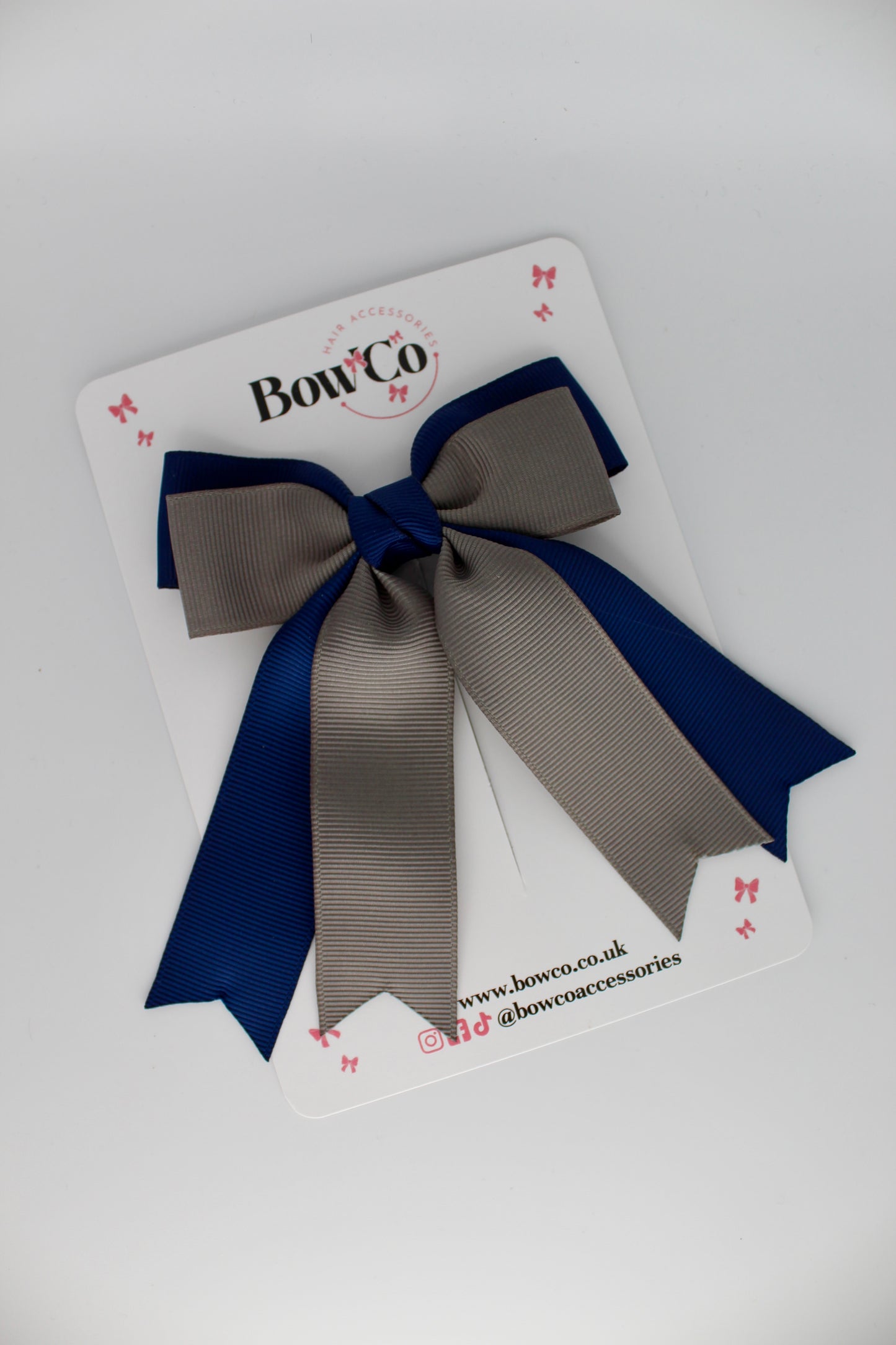 Double Ribbon Tail School Hair Bow – Clip - Navy Blue and Metal Grey