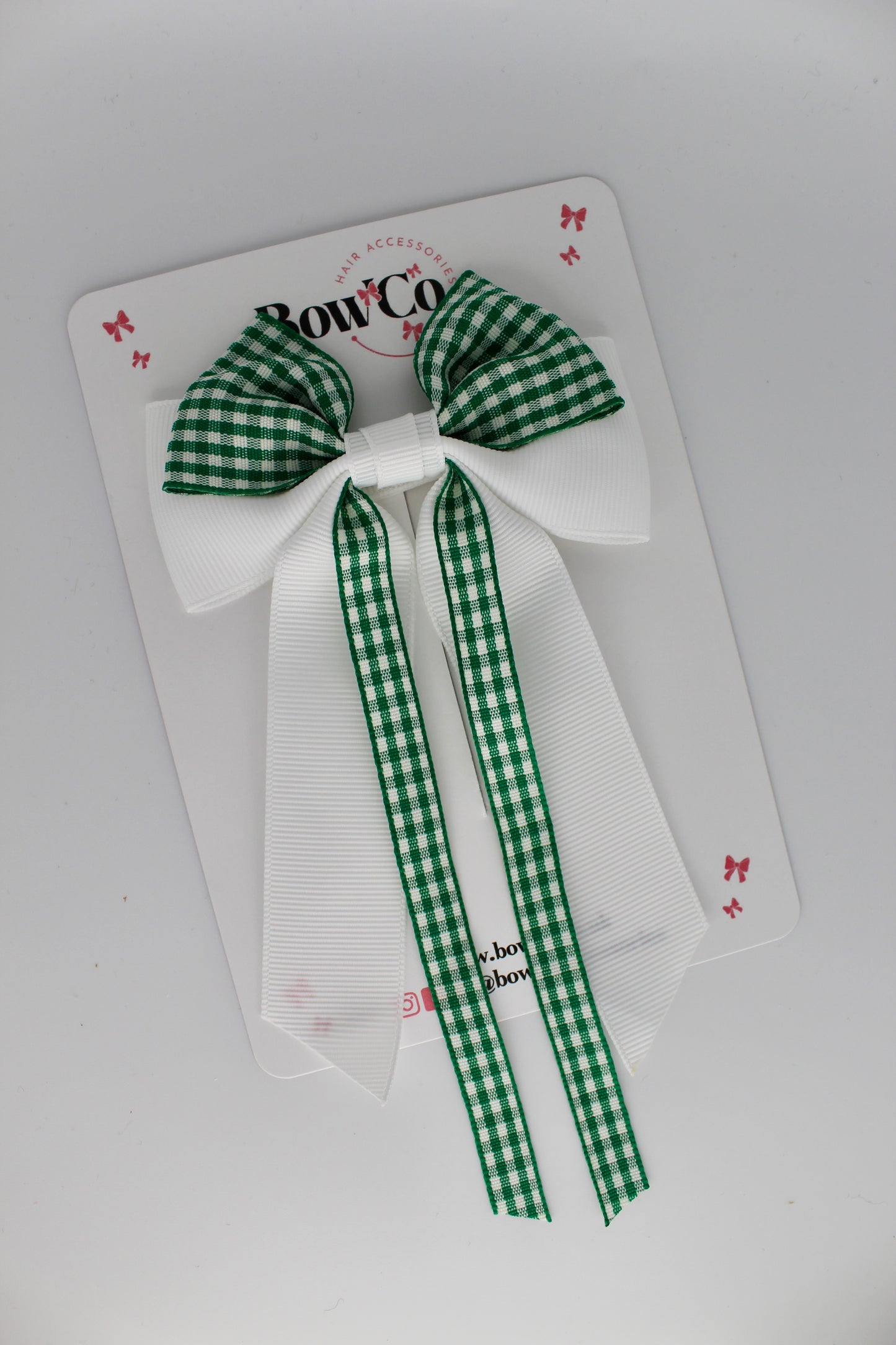 Streamer Tail Bow - Green Gingham - Clip