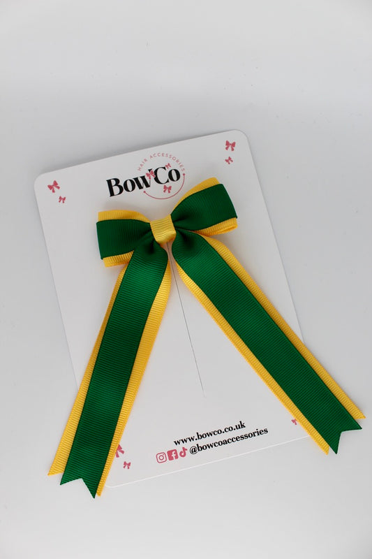 Tuxedo Tails School Hair Bow – Clip - Forest Green and Yellow Gold