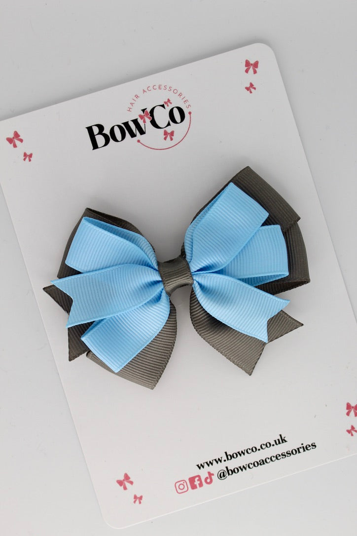 3 Inch Double Tail Bow - Clip - Blue Topaz and Metal Grey
