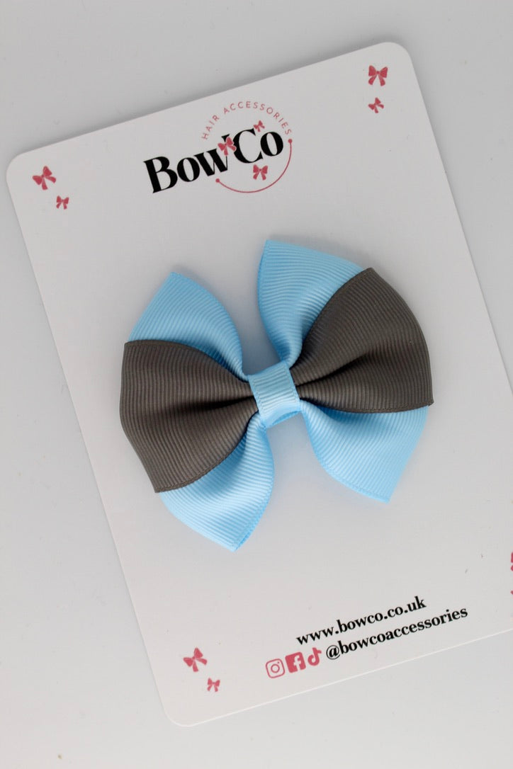 Blue Topaz and Metal Grey - Round Tuxedo Bow - Clip