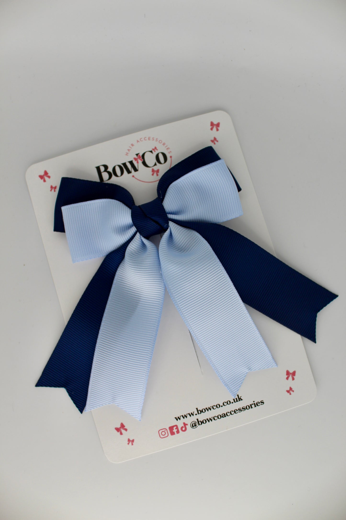 Double Ribbon Tail School Hair Bow – Clip - Navy Blue and Bluebell