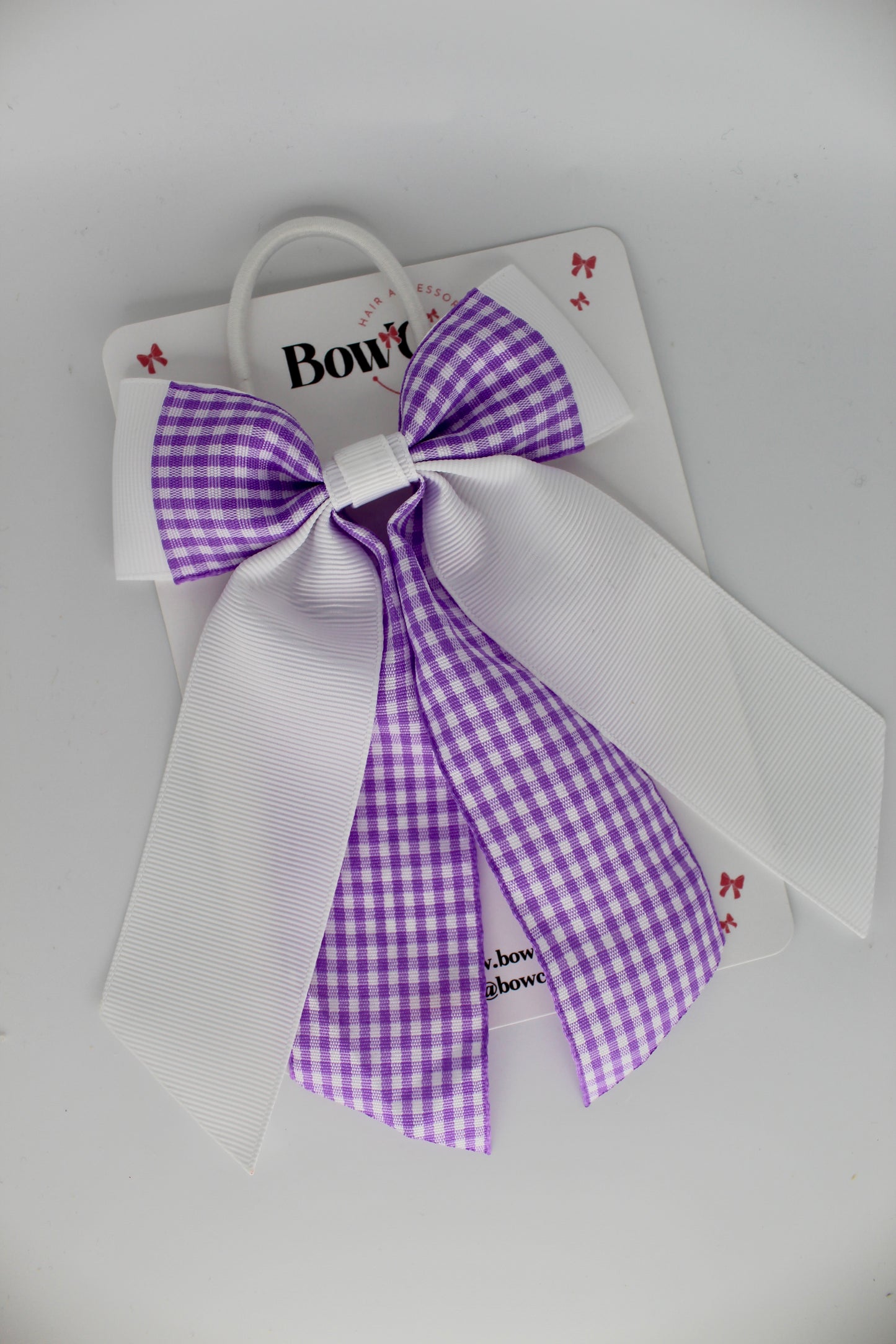 Double Layer Tail Bow - Lilac Gingham - Elastic