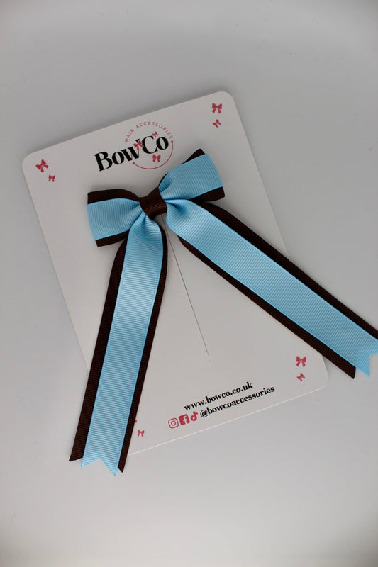 Tuxedo Tails School Hair Bow – Clip - Blue Topaz and Brown
