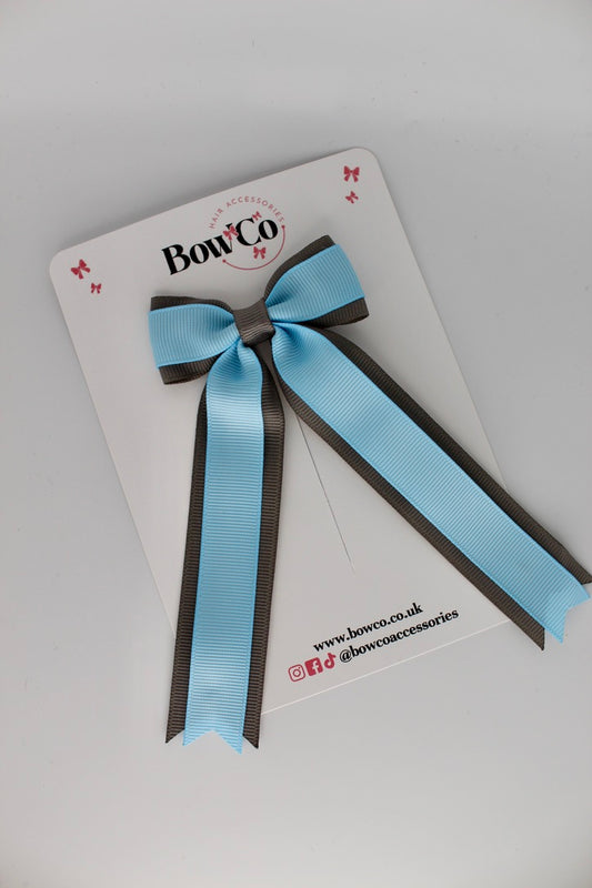 Tuxedo Tails School Hair Bow – Clip - Blue Topaz and Metal Grey