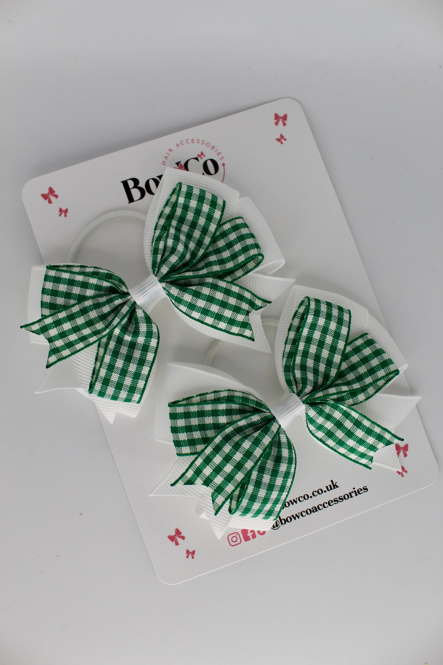 Double Tail Bow Set - Green Gingham - Elastic