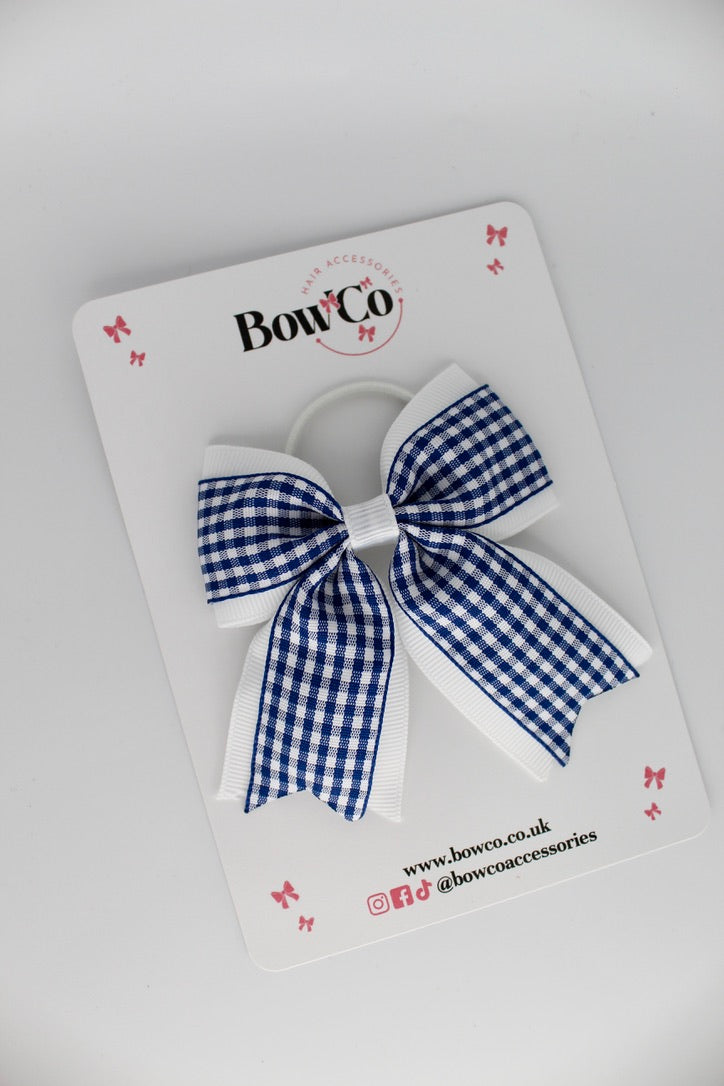 Layer Tail Bow - Navy Blue Gingham - Elastic