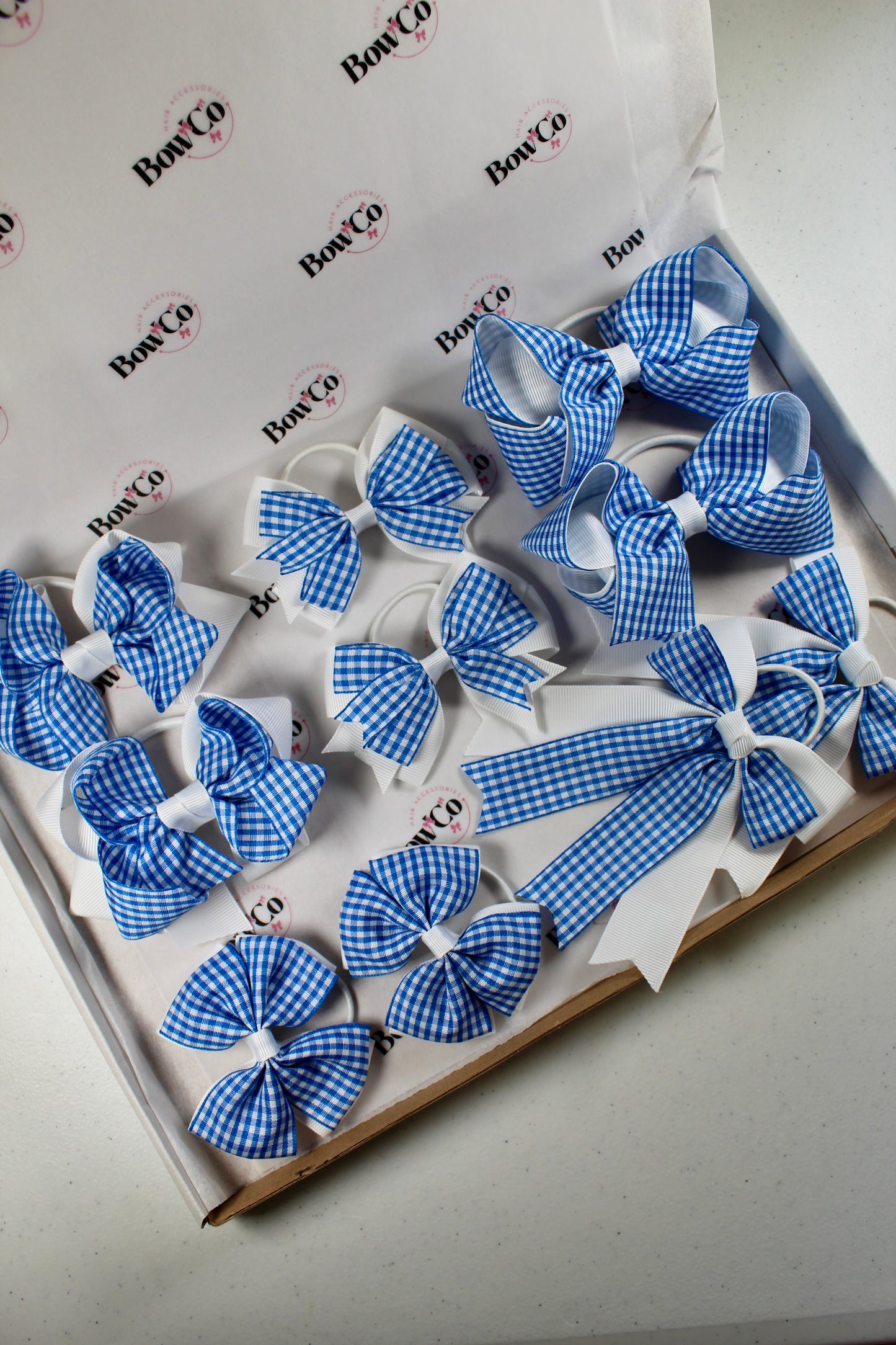 Royal Blue Gingham School Bow Bundle M/L - Elastic - 10 Bows