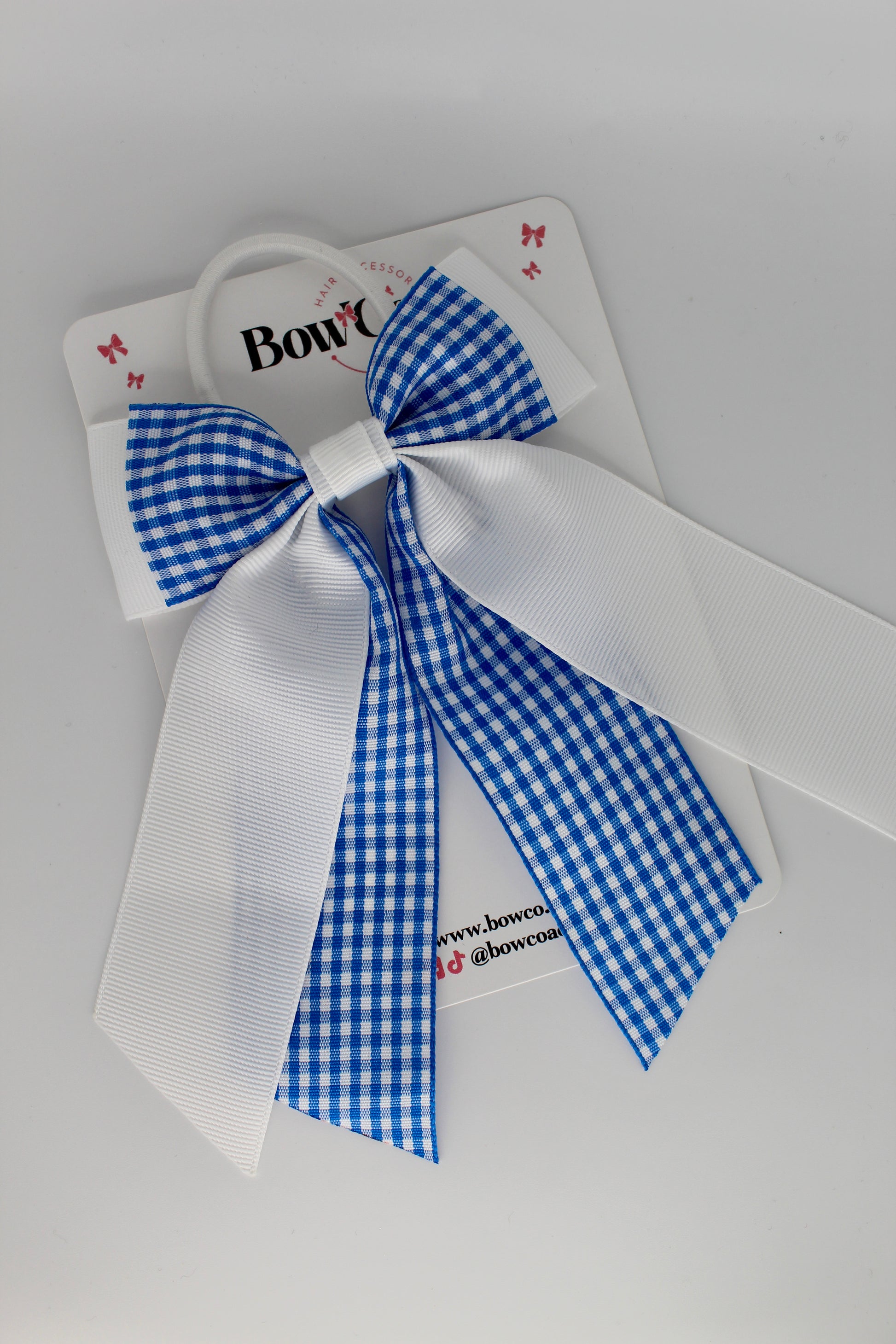 Double Layer Tail Bow - Royal Blue Gingham - Elastic