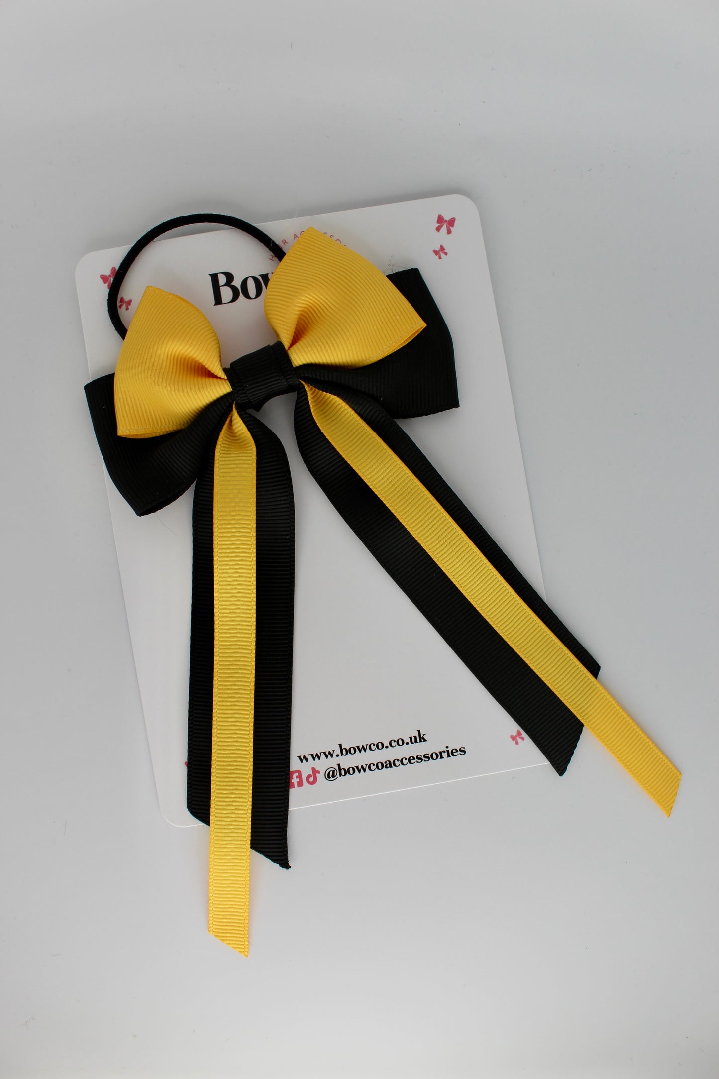 Streamer Tail School Hair Bow – Elastic - Black and Yellow Gold