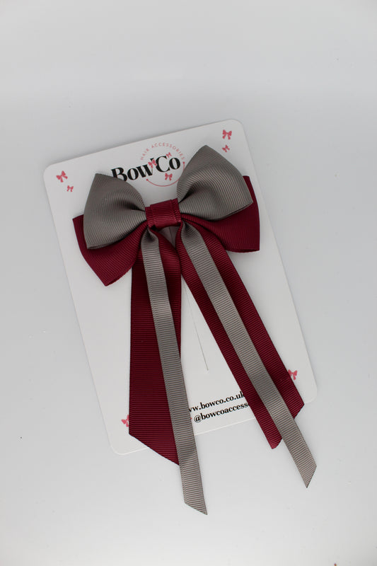Streamer Tail Bow - Clip - Burgundy and Metal Grey