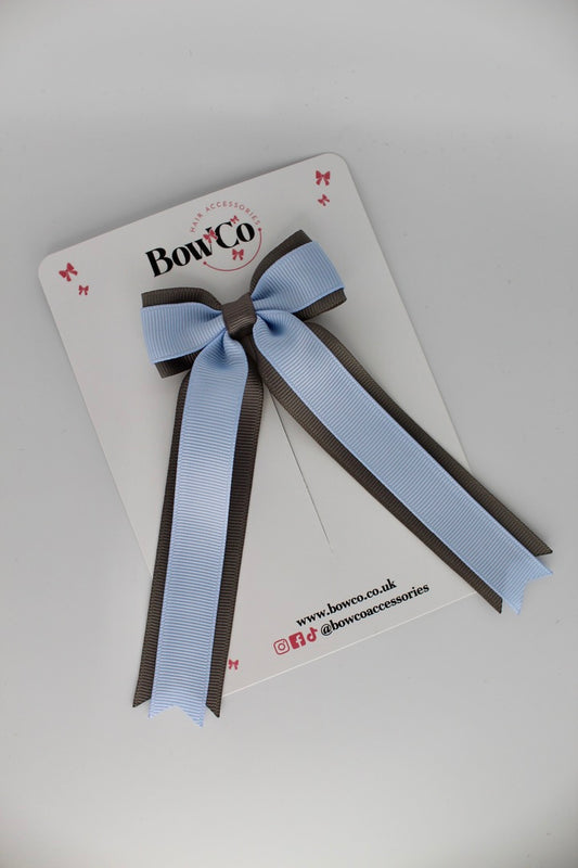 Tuxedo Tails School Hair Bow – Clip - Bluebell and Metal Grey