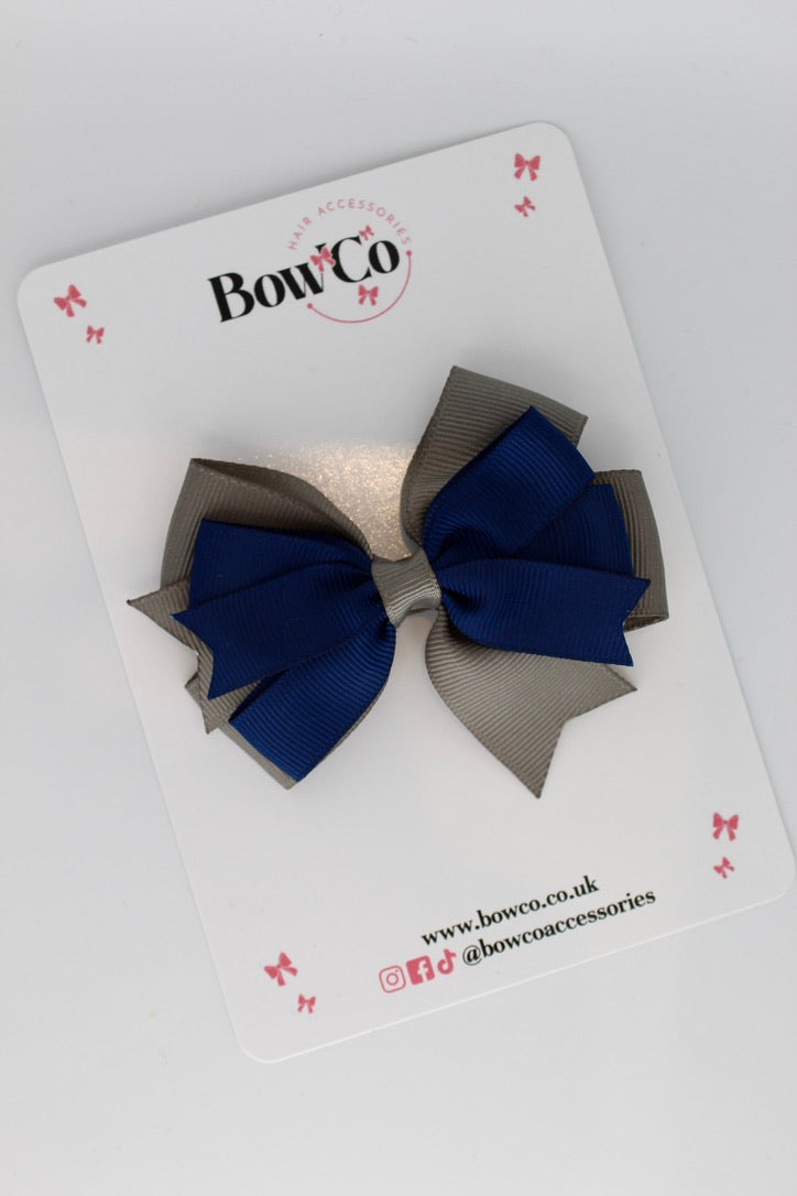 Navy Blue and Metal Grey - Double Tail Bow - Clip