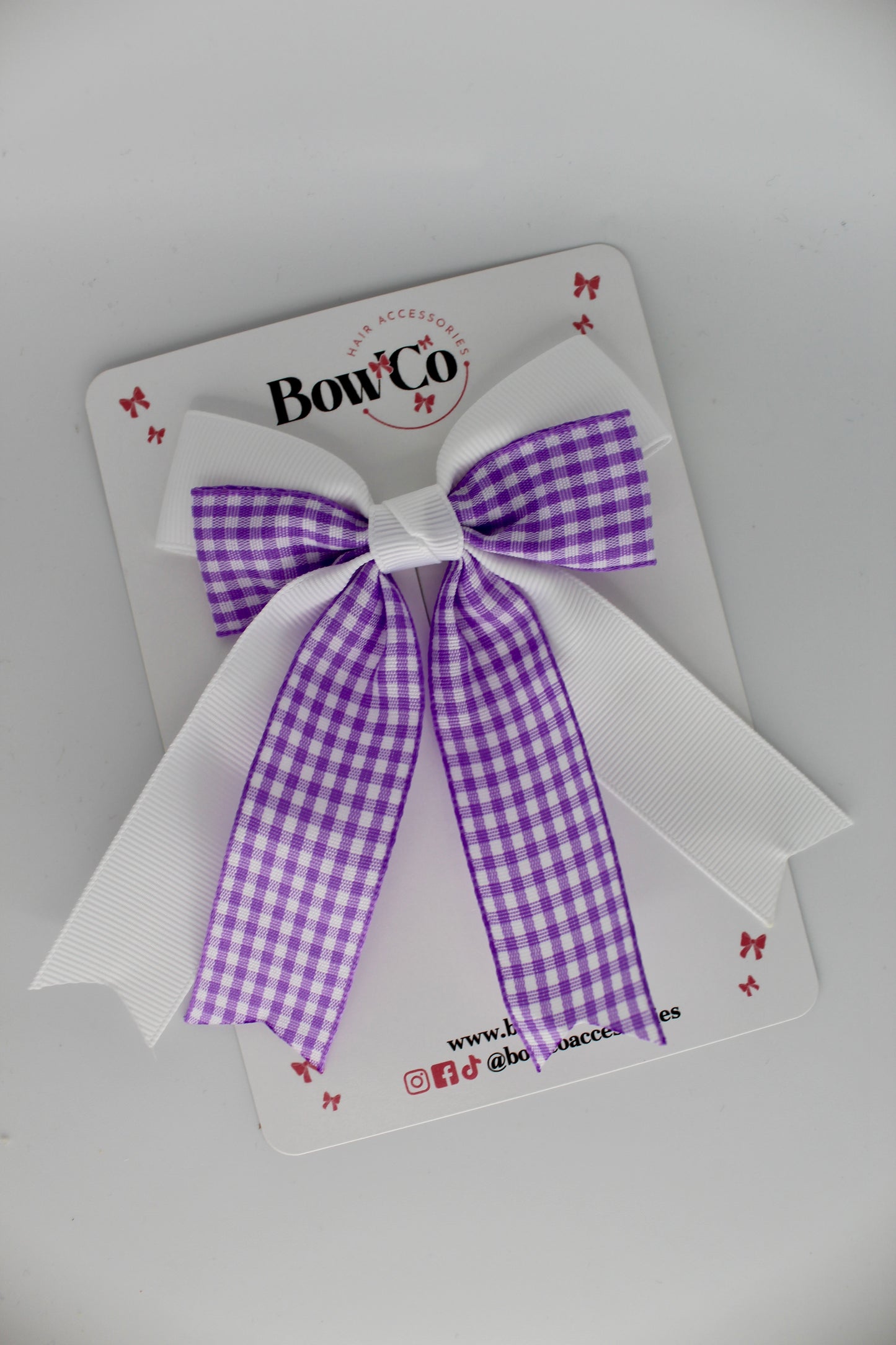 Double Ribbon Tail Bow - Lilac Gingham - Clip