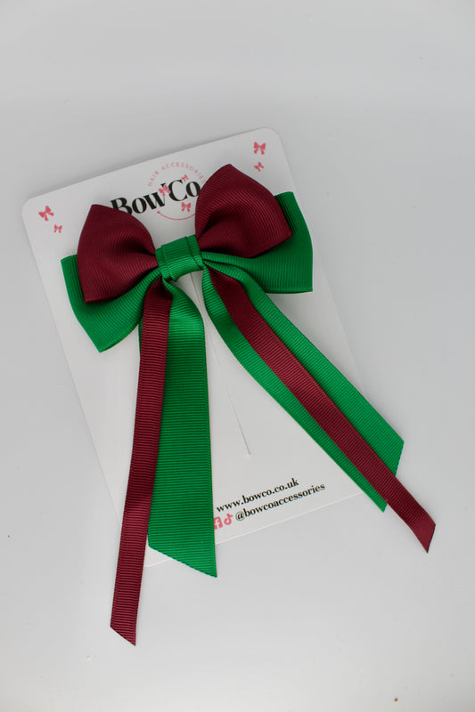 Streamer Tail Bow - Clip - Forest Green and Burgundy