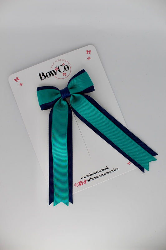 Tuxedo Tails School Hair Bow – Clip - Jade Green and Navy Blue