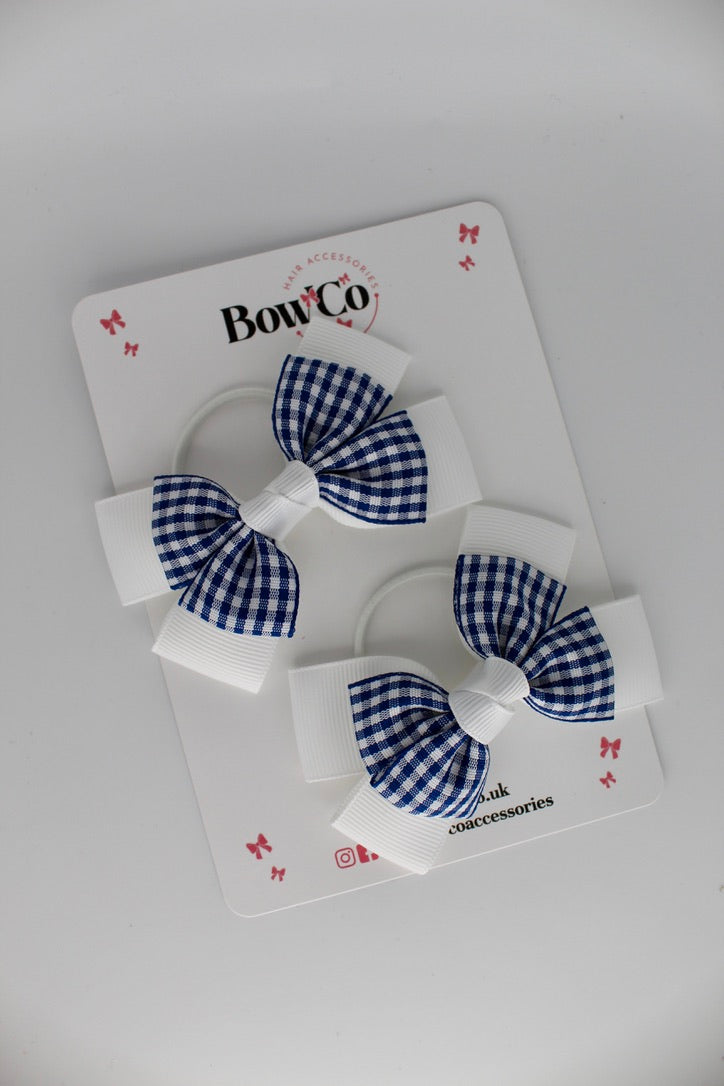 Layer Bow Set - School Bow Navy Blue Gingham - Elastic