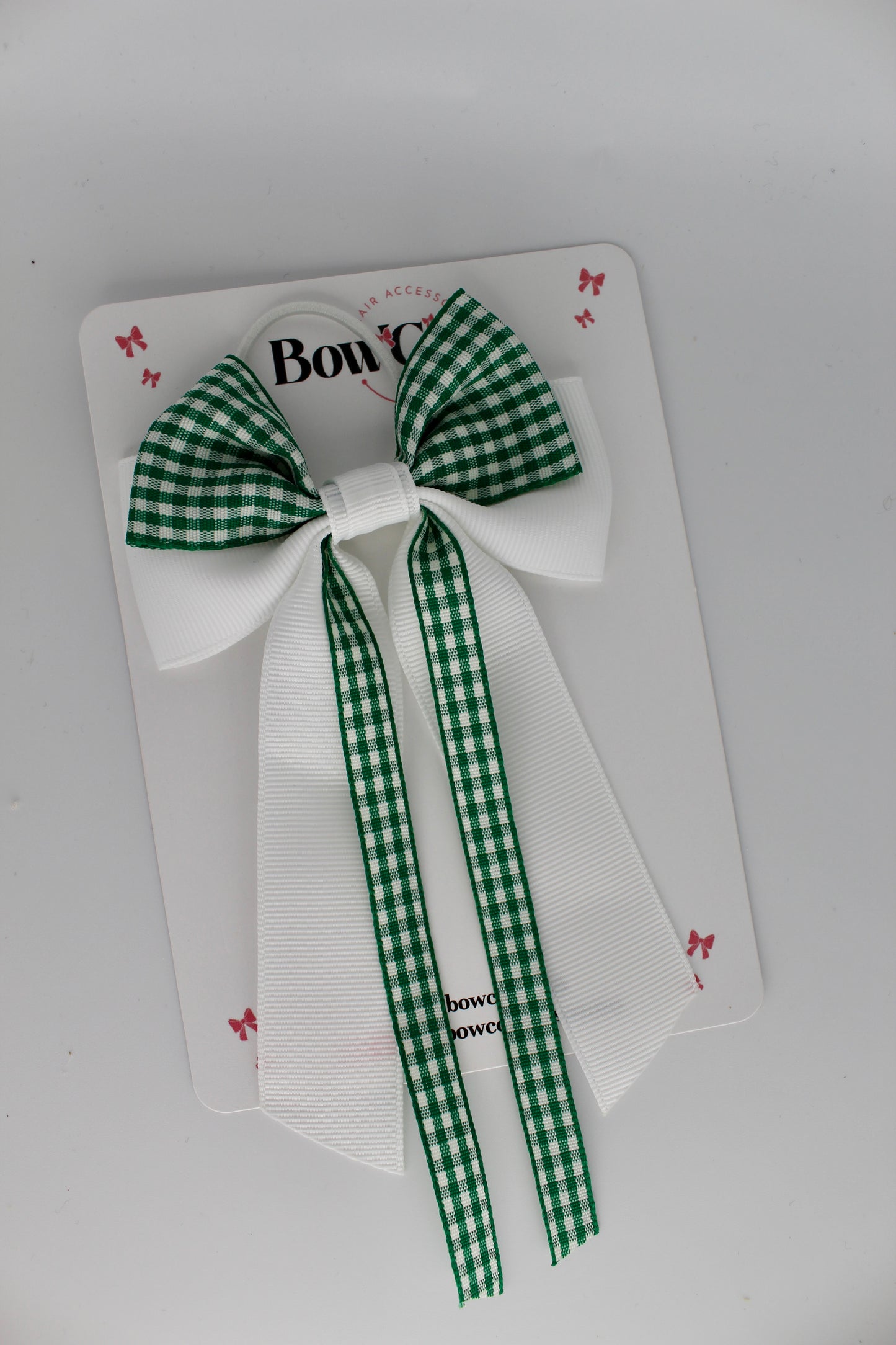 Streamer Tail Bow - Green Gingham - Elastic