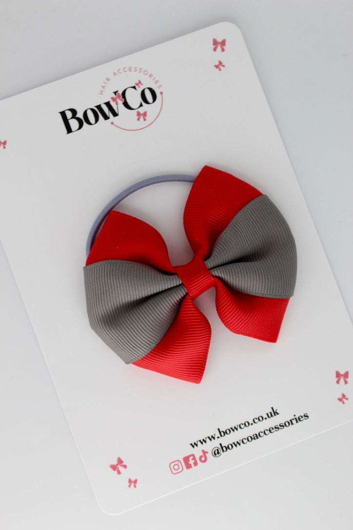 Red and Metal Grey - Round Tuxedo Bow - Elastic