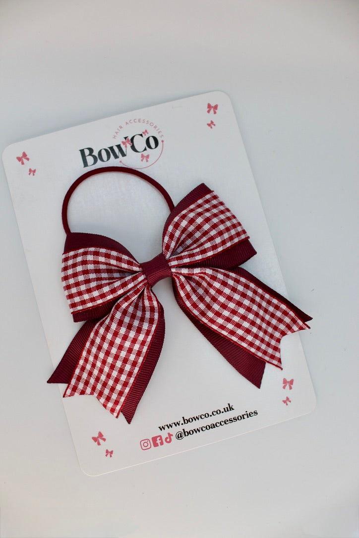 Layer Tail Bow - Burgundy Gingham - Elastic