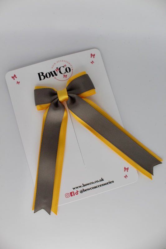 Tuxedo Tails School Hair Bow – Clip - Metal Grey and Yellow Gold