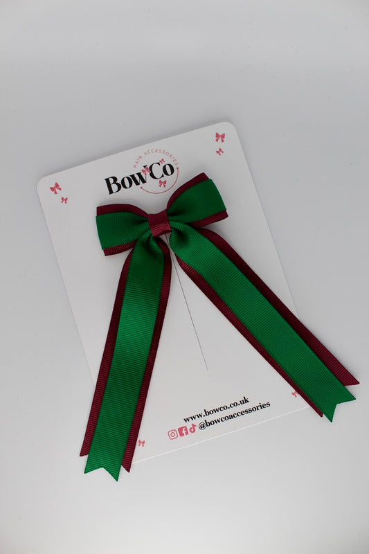 Tuxedo Tails School Hair Bow – Clip - Forest Green and Burgundy