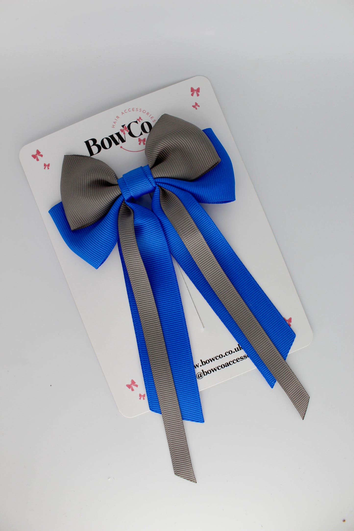 Streamer Tail Bow - Clip - Royal Blue and Metal Grey