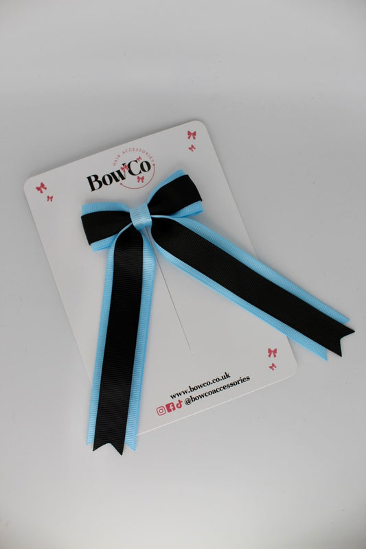 Tuxedo Tails School Hair Bow – Clip - Black and Blue Topaz