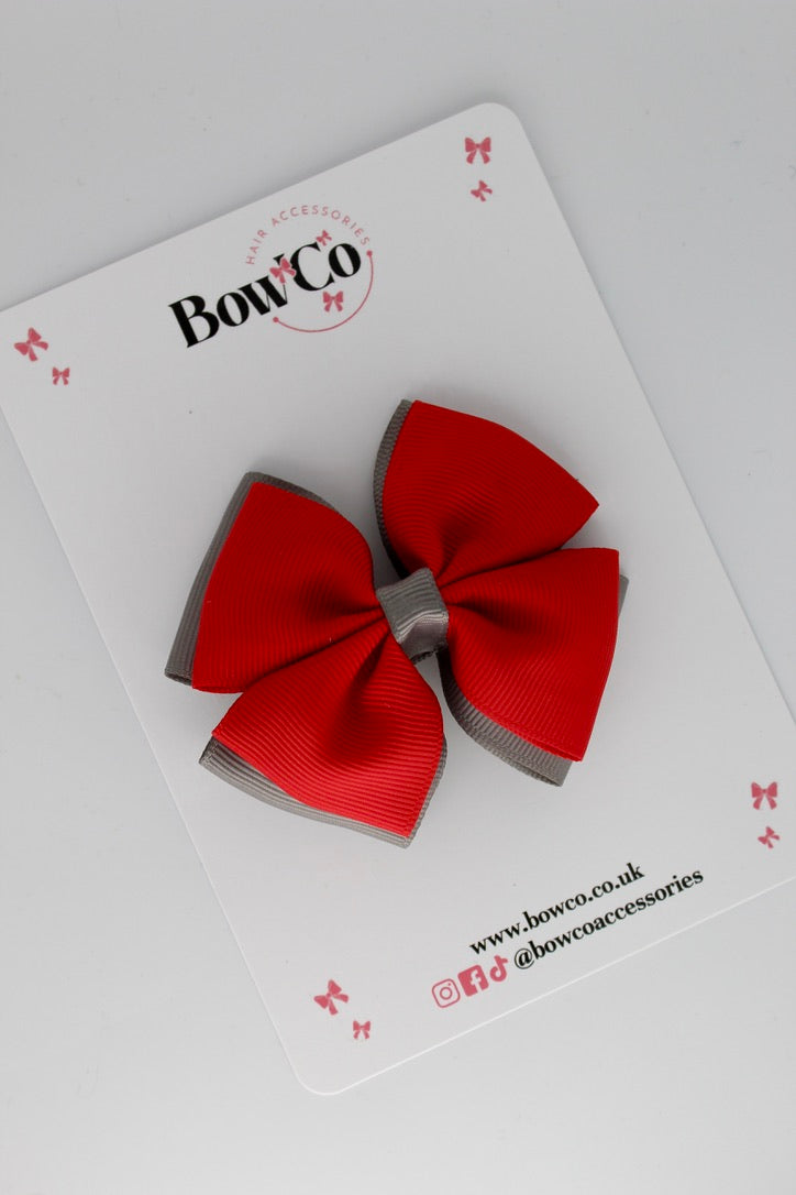 Double Layer Bow - Red and Metal Grey - Clip