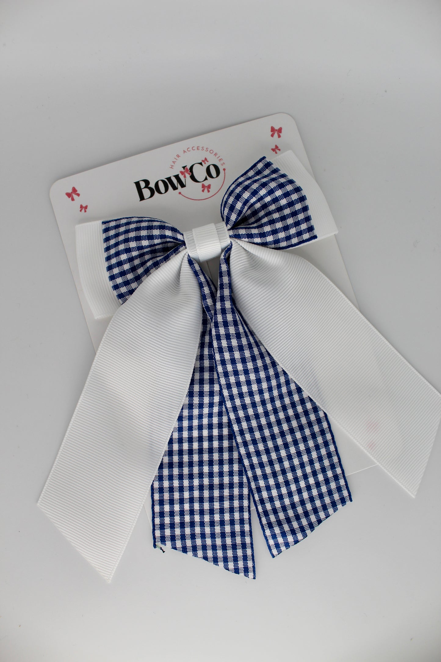 Double Layer Tail Bow - Navy Blue Gingham - Clip
