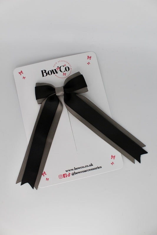 Tuxedo Tails School Hair Bow – Clip - Black and Metal Grey