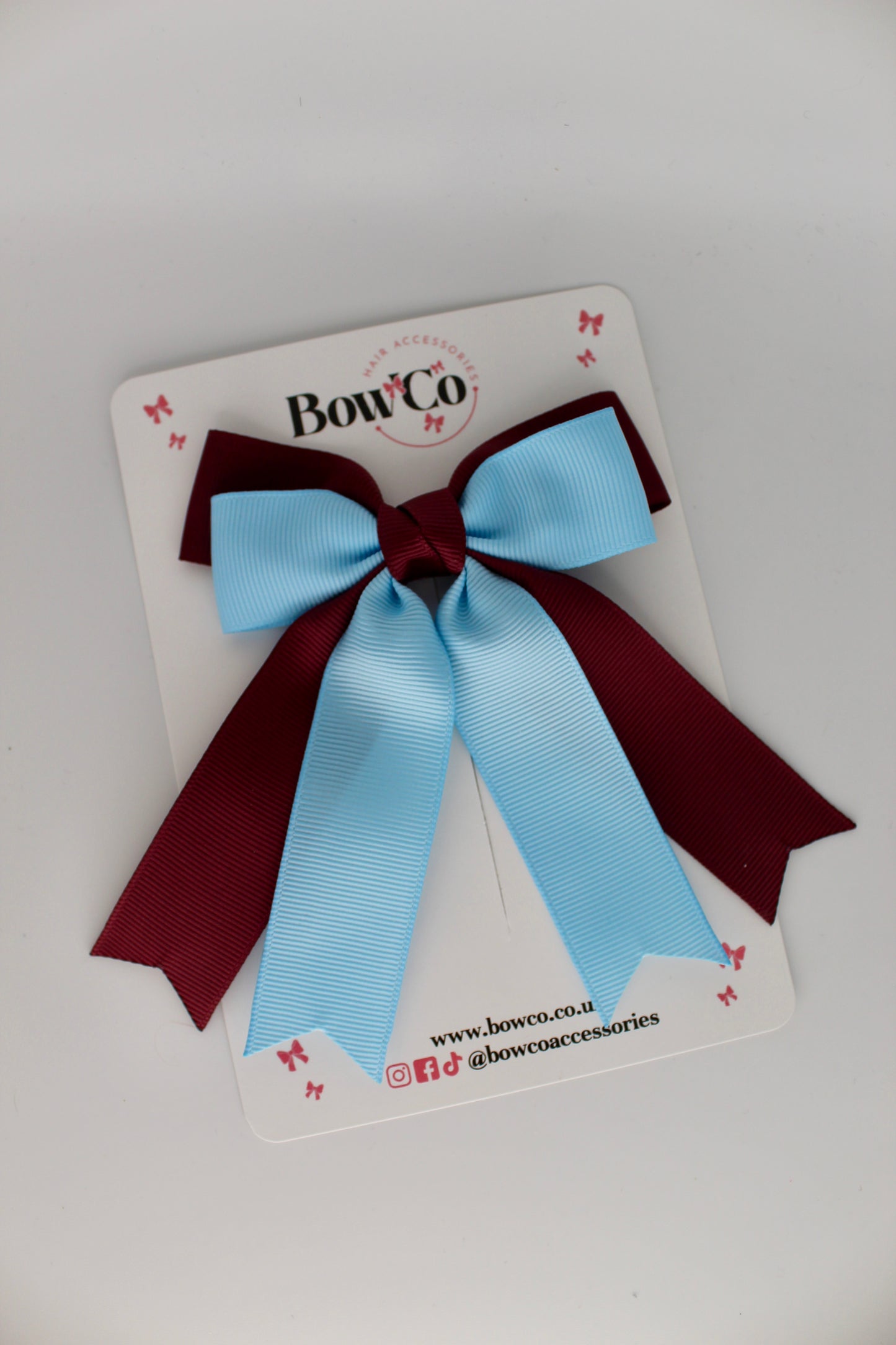 Double Ribbon Tail School Hair Bow – Clip - Burgundy and Blue Topaz