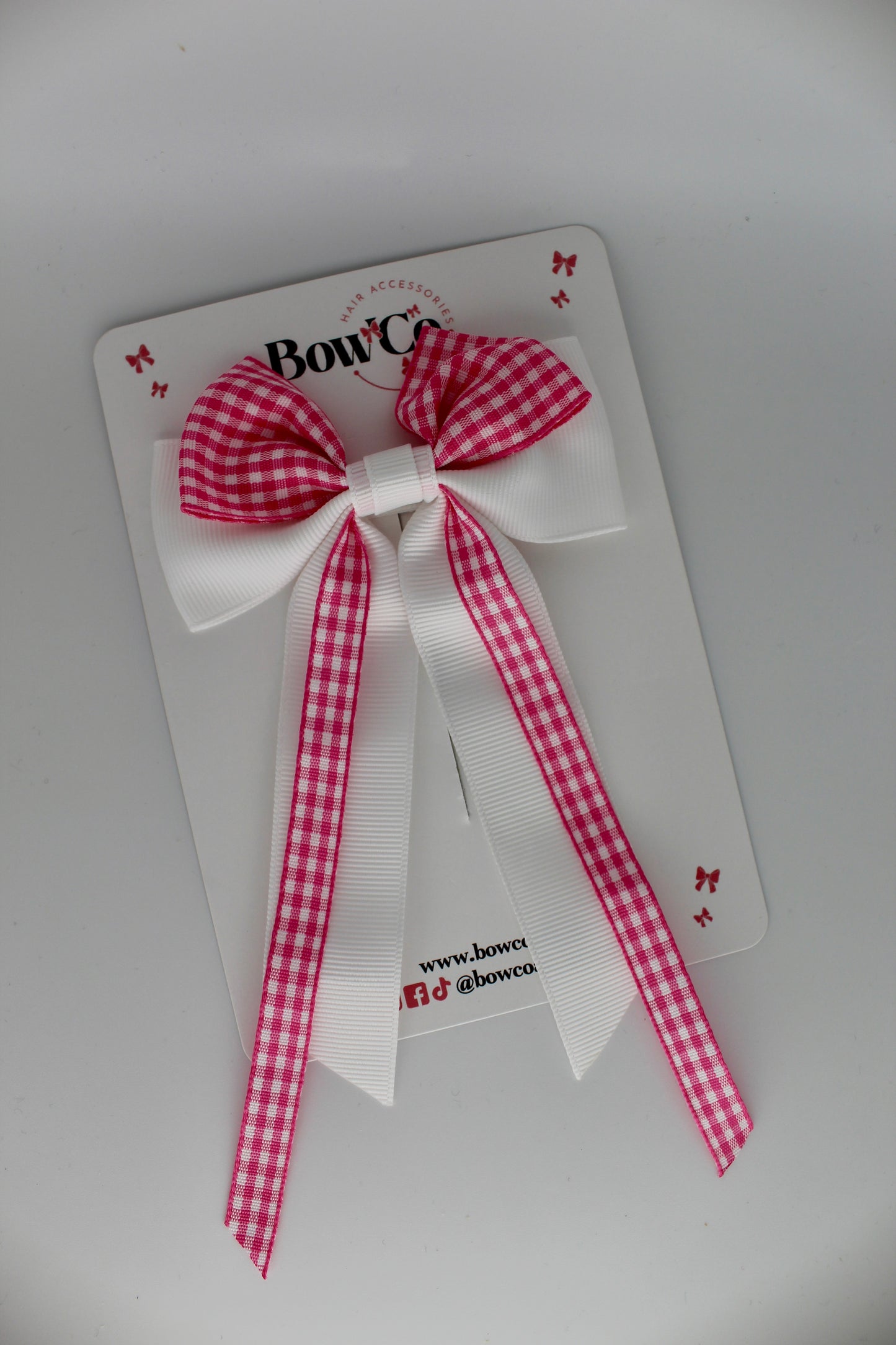 Streamer Tail Bow - Pink Gingham - Clip