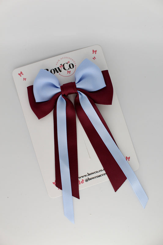 Streamer Tail Bow - Clip - Burgundy and Bluebell