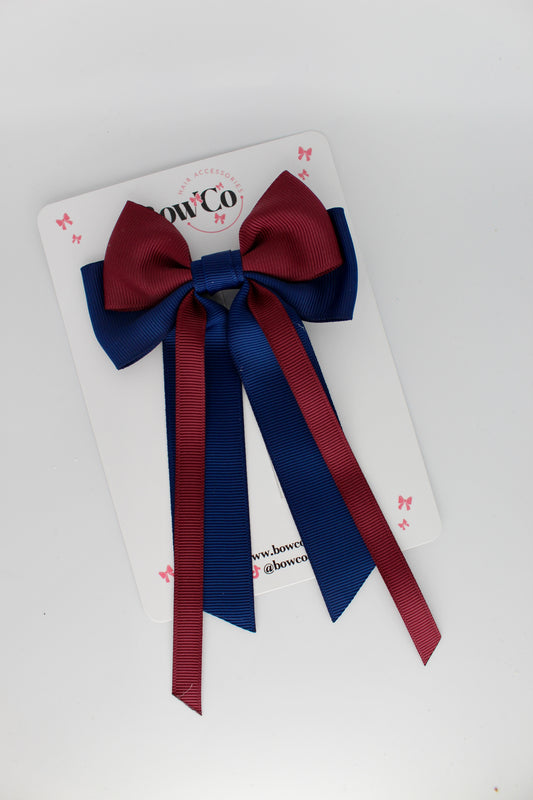Streamer Tail Bow - Clip - Navy Blue and Burgundy