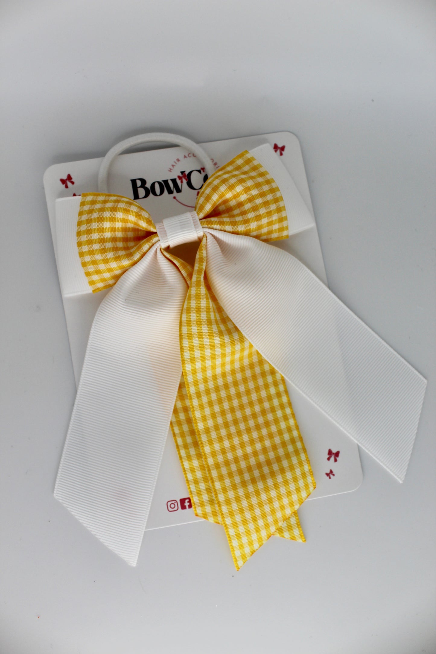 Double Layer Tail Bow - Yellow Gingham - Elastic