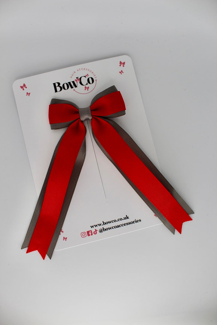 Tuxedo Tails School Hair Bow – Clip - Red and Metal Grey