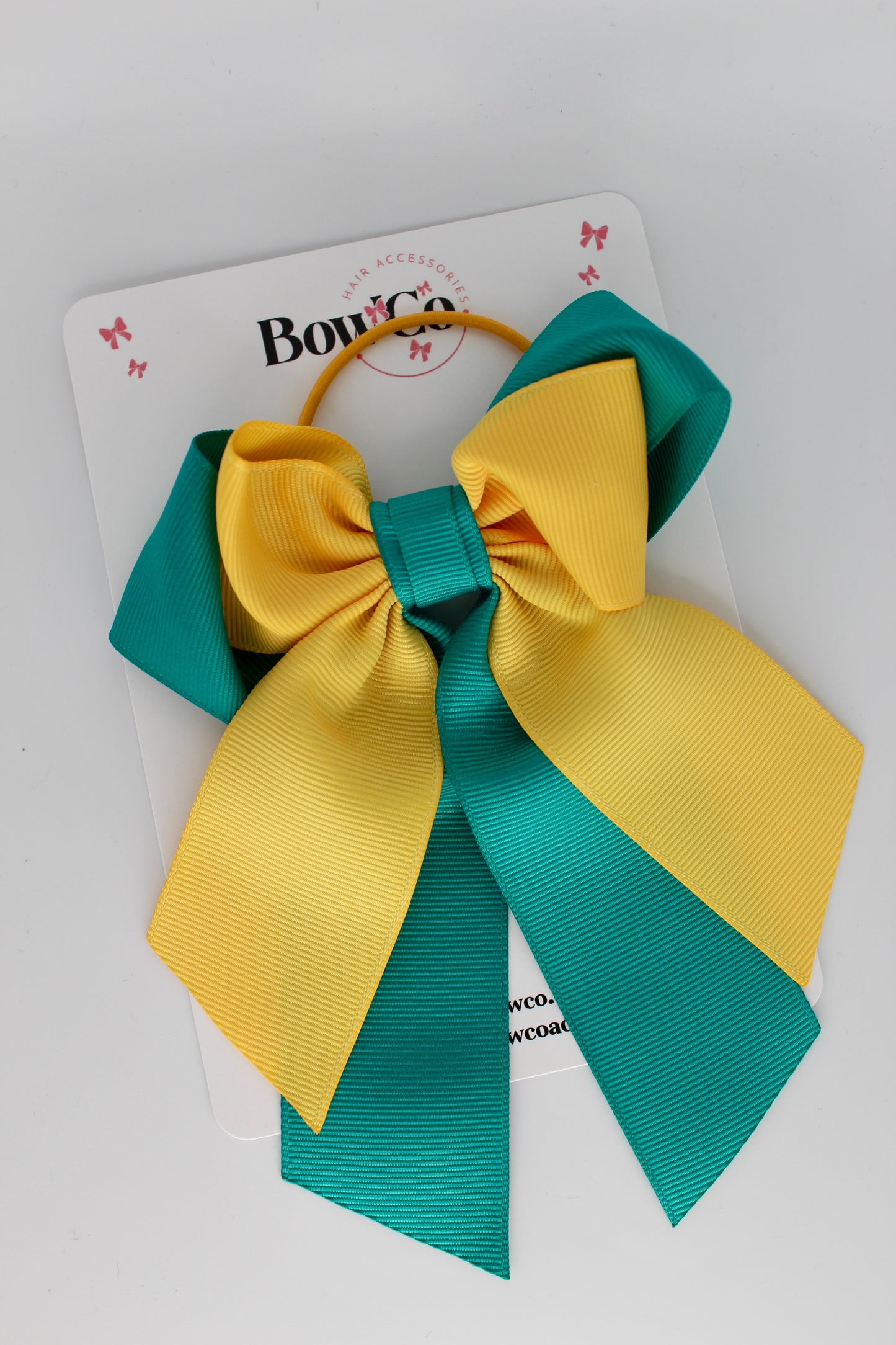 Layer Loop Tail Hair Bow - Elastic - Jade Green and Yellow Gold