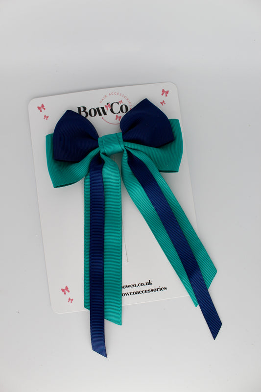 Streamer Tail Bow - Clip - Jade Green and Navy Blue