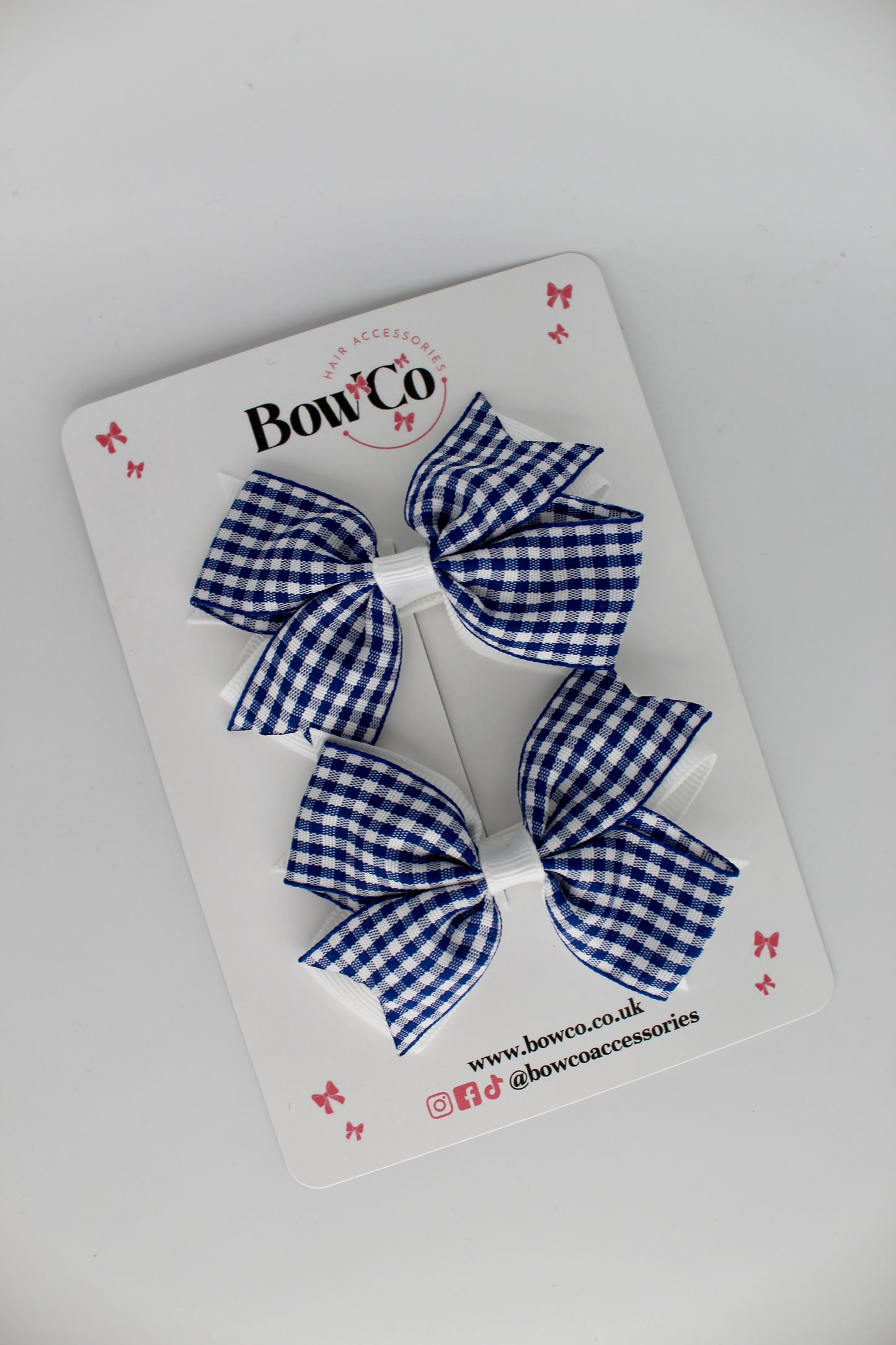 Layer Tail Bow Set - Navy Blue Gingham - Clip