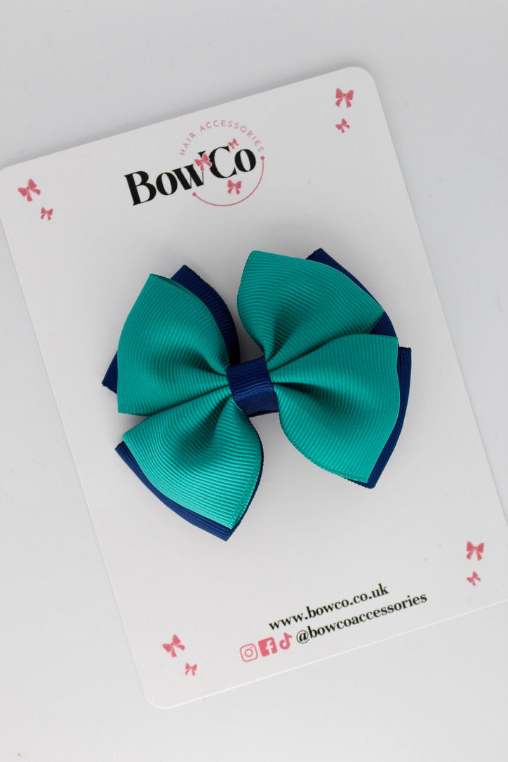 Double Layer Bow - Jade Green and Navy - Clip