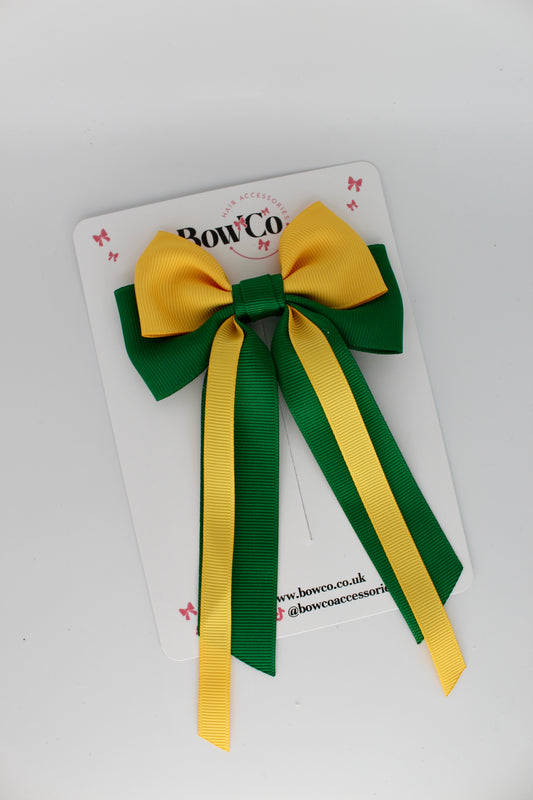 Streamer Tail Bow - Clip - Forest Green and Yellow Gold