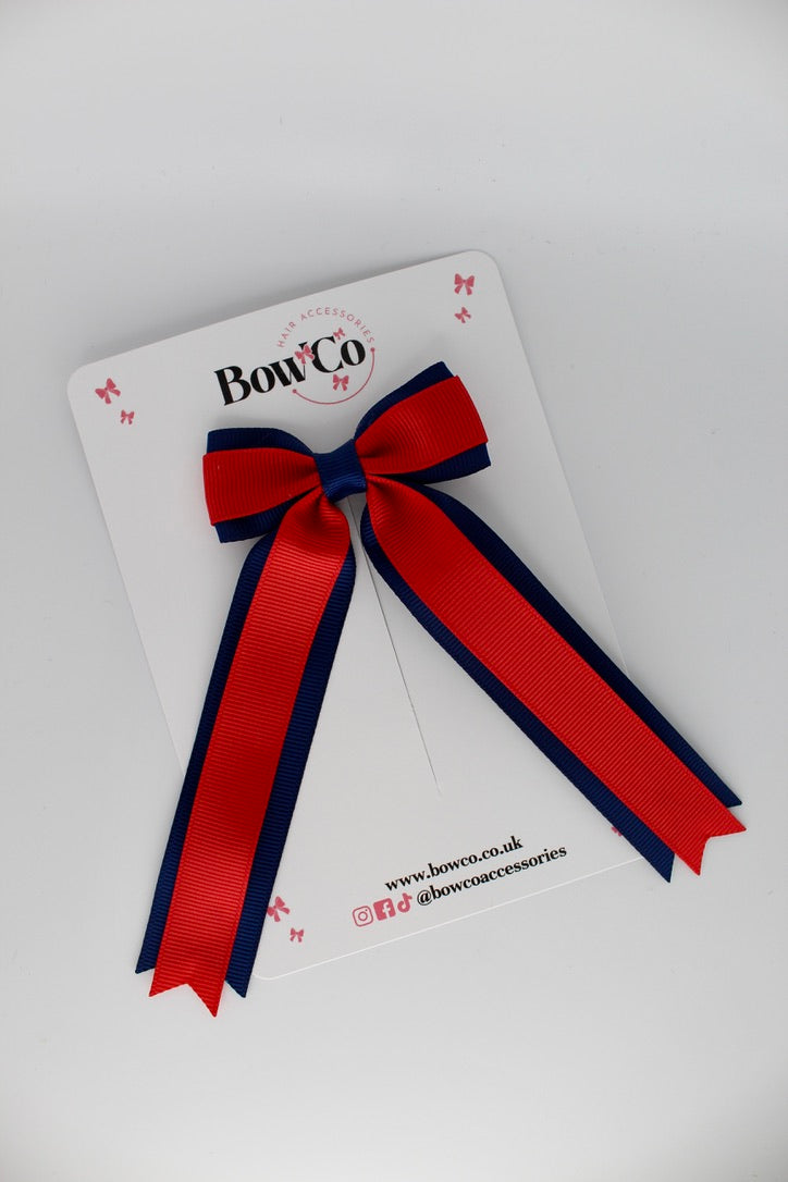 Tuxedo Tails School Hair Bow – Clip - Red and Navy Blue